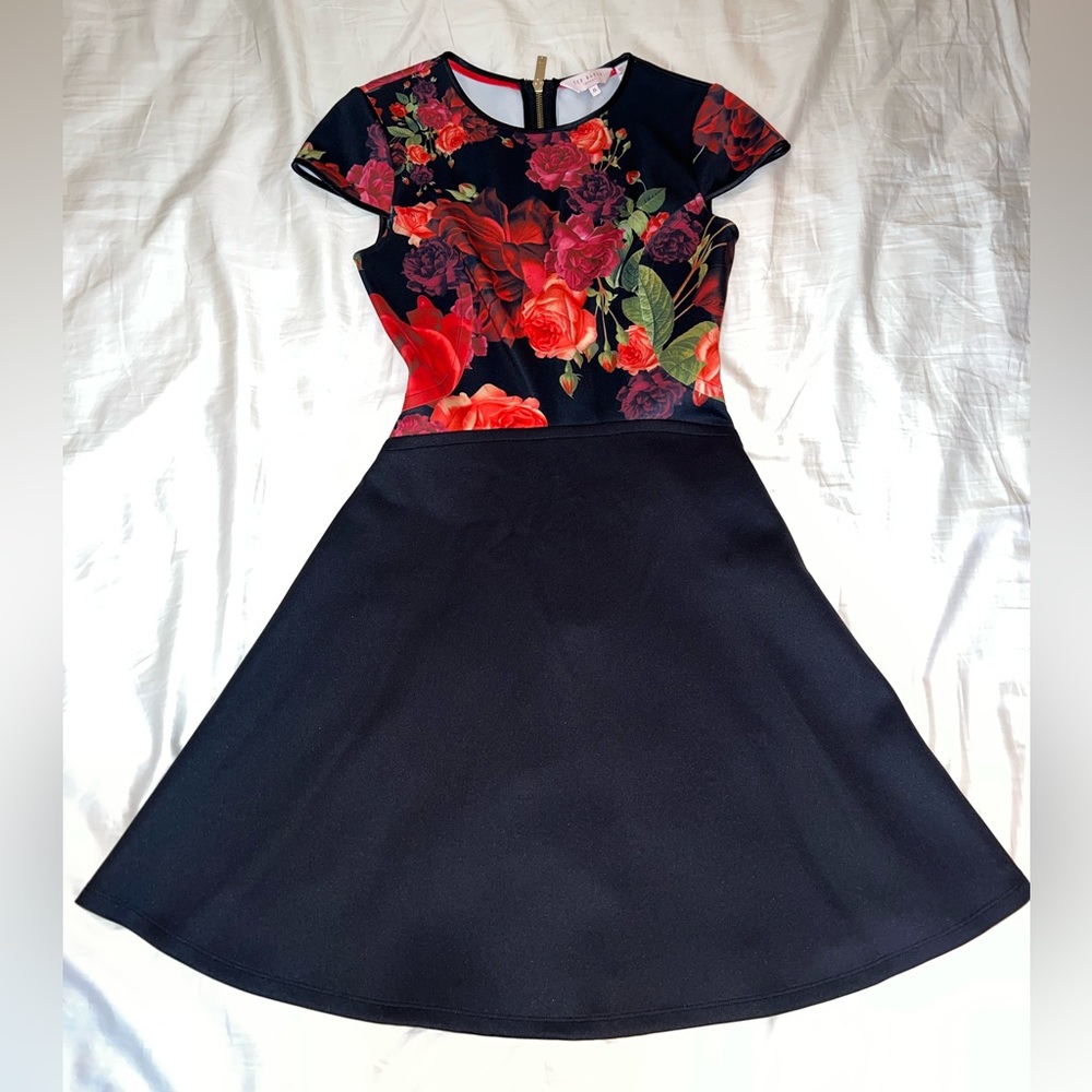 Ted Baker A—line Dress, red roses top, black bottom, size 0